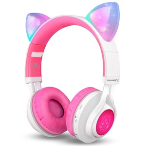 Cat Ear LED Light Up Wireless Foldable Headphones Over Ear with Microphone and Volume Control