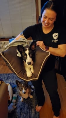 Cathy holding Fozzie in Snoozer bed