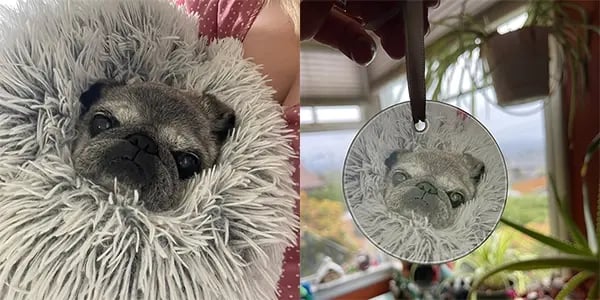 Mabel the pug bed burrito ornament