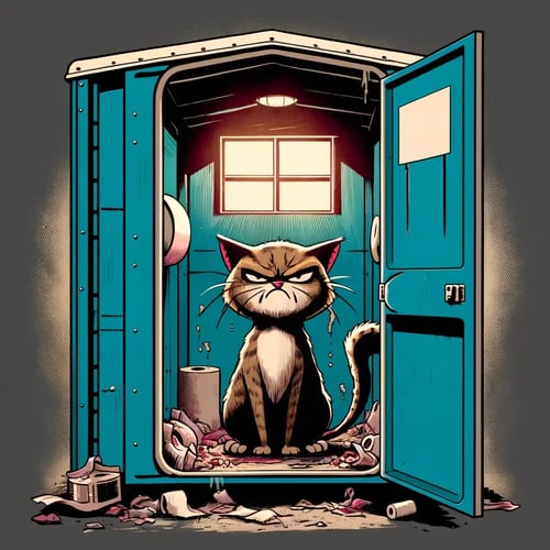 cartoon of a displeased cat inside a port-o-potty