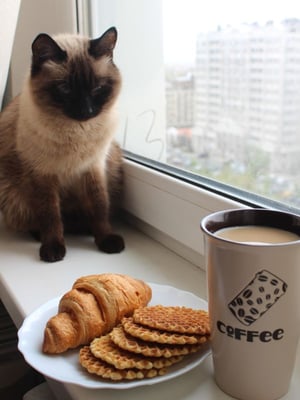 cat inspecting croissant waffles and coffee left on a windowsill