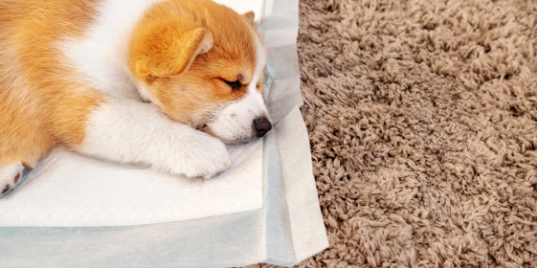 corgi puppy sleeping on potty pad
