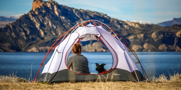 dog in tent with owner overlooking lake