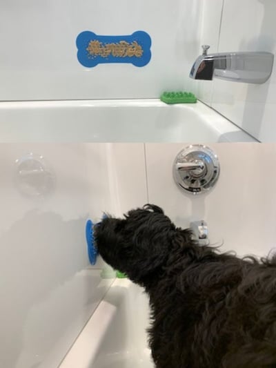 dog licking peanut butter from a lick mat in the bathtub-PV