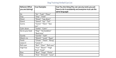 downloadable dog training cue list