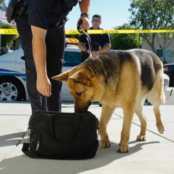 german shepherd police dog searching for drugs in a bag