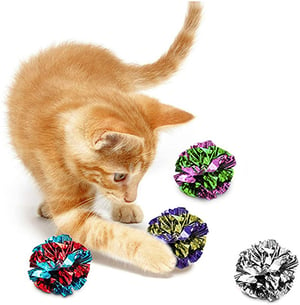 kitten playing with SunGrow crinkle ball toys