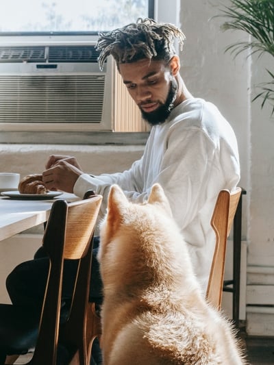 man eating at the table while his husky dog watches