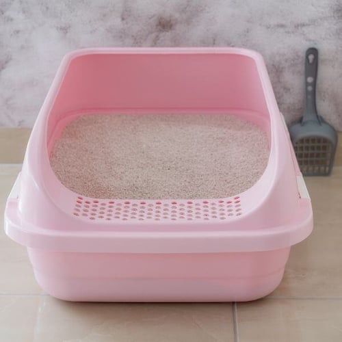 pink litter box up against the wall