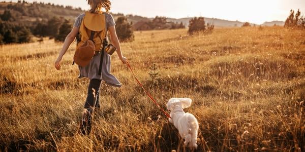 woman hiking with her small dog