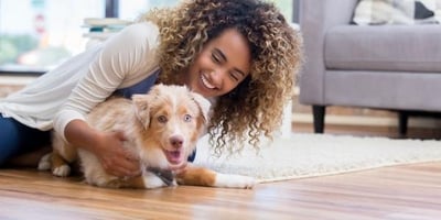 woman playing with her australian shepherd puppy on wood floor