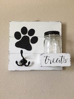 Wood dog leash hanger with treat jar holder