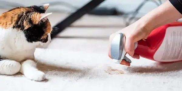 cat looking at carpet cleaning up poop