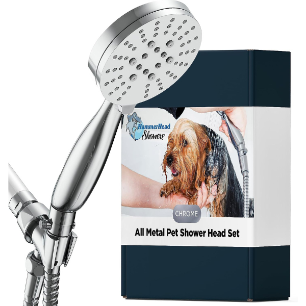 long hose and showerhead making giving a dog a bath easier
